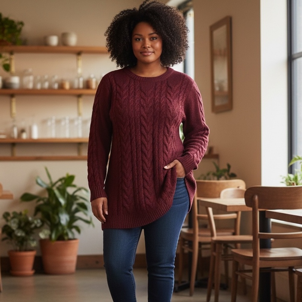 Skye's the Limit Sweater Burgundy Textured Knit Flared Hemline Sz. 1X, 3X NWT